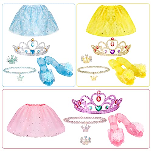 Princess Dress Up Shoes - Girls Princess Toys Costume with 3 Crowns Tiaras, 3 Pairs of Play Shoes, 3 Skirts Princess Accessories for Girls Birthday Gifts for Kids