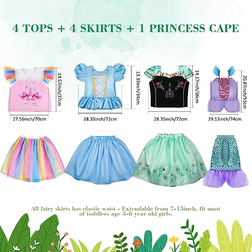 Princess Costumes for Girls - 4 Sets of Princess Fancy Dresses for Little Girls Aged 3-8 - Princess Toys Dress Up Clothes with Cloak, Crown, Jewelries Accessories for Kids Role Play