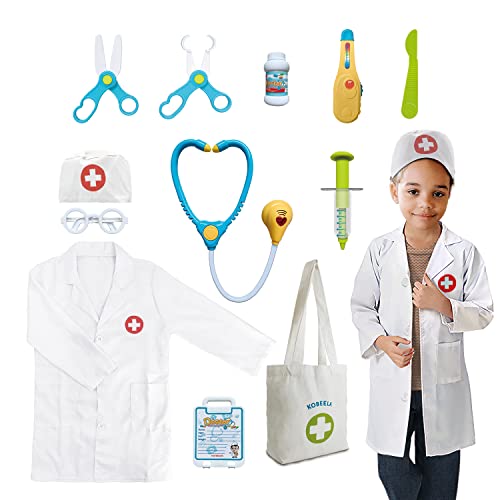 Kobeela Doctor Costume for Kids, Doctors Dress Up Outfit Set for 3-6 Years Old Boys and Girls with Lab Coat, Toy Stethoscope for Children Halloween Role Play, Christmas Gifts