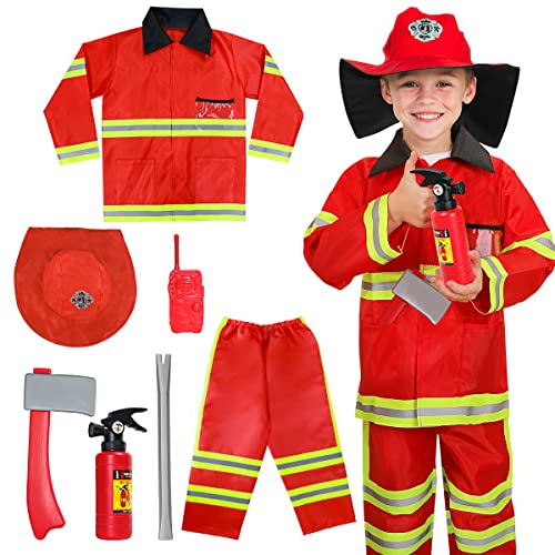LOYO Kids Role Play Halloween Costumes, Fireman Costume with Firefighter Outfit Toys Accessories for Children