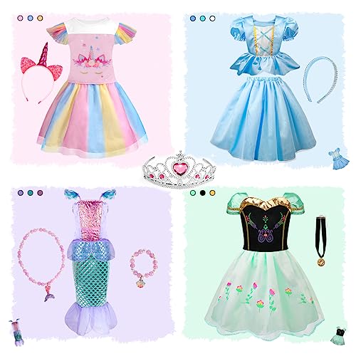 Princess Costumes for Girls - 4 Sets of Princess Fancy Dresses for Little Girls Aged 3-8 - Princess Toys Dress Up Clothes with Cloak, Crown, Jewelries Accessories for Kids Role Play