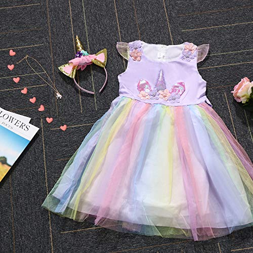 URAQT Unicorn Costume, Princess Unicorn Dress Fancy Dress with Necklace, Headband for Kids & Toddlers Birthday/Cosplay/Hallween Party,130 pour 5-6Ans