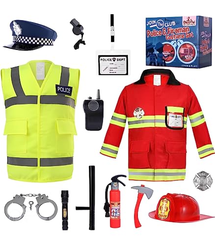 Kids Police and Fireman Costume - Dress Up Outfit for Boys and Girls 3-7 Years Old - Includes Police Costume, Fireman Costume and Accessories. For Fancy Dress, Dressing Up, Halloween.