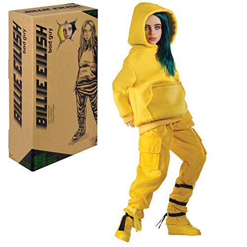 Billie Eilish Bandai 10.5" Collectible Figure Bad Guy Doll Toy with Music Video Inspired Clothes and Set Backdrop, Yellow