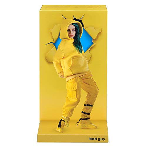 Billie Eilish Bandai 10.5" Collectible Figure Bad Guy Doll Toy with Music Video Inspired Clothes and Set Backdrop, Yellow