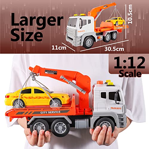HERSITY Big Rescue Wrecker Truck Toy with Car, 1/12 Scale Tow Truck with Lights and Sounds Push and Go Cars Gifts for 3 4 5 6 Years Old Children Boys Girls