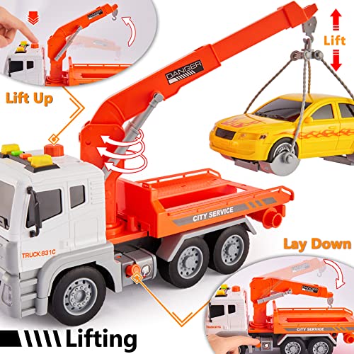 HERSITY Big Rescue Wrecker Truck Toy with Car, 1/12 Scale Tow Truck with Lights and Sounds Push and Go Cars Gifts for 3 4 5 6 Years Old Children Boys Girls
