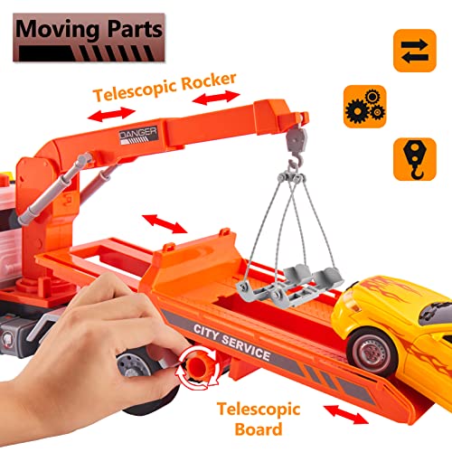 HERSITY Big Rescue Wrecker Truck Toy with Car, 1/12 Scale Tow Truck with Lights and Sounds Push and Go Cars Gifts for 3 4 5 6 Years Old Children Boys Girls