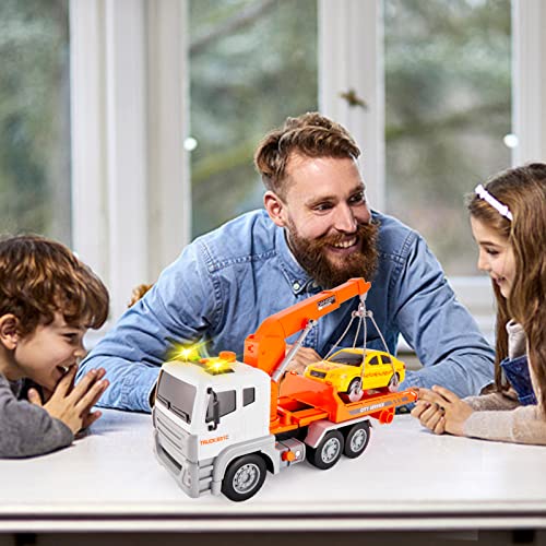 HERSITY Big Rescue Wrecker Truck Toy with Car, 1/12 Scale Tow Truck with Lights and Sounds Push and Go Cars Gifts for 3 4 5 6 Years Old Children Boys Girls