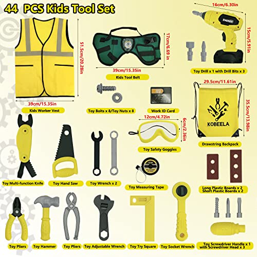 Kobeela Kids Tool Set, 44 Pcs Childrens Tool Kit with Toy Tool Belt, Electric Toy Drill and Construction Worker Costume, Toddler Role Play Tools Toys Gifts for 3 4 5 6 Year Old Boys Girls