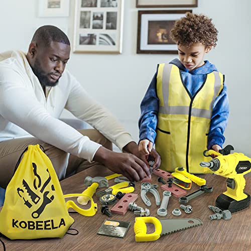 Kobeela Kids Tool Set, 44 Pcs Childrens Tool Kit with Toy Tool Belt, Electric Toy Drill and Construction Worker Costume, Toddler Role Play Tools Toys Gifts for 3 4 5 6 Year Old Boys Girls