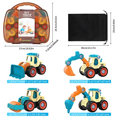 Januts Take-Apart Construction Vehicles Mini Engineering Toy Play Set with 4 Pack, Excavator, Road Roller, Bulldozer, Ground Drilling Rig, DIY Building Educational Toys for Boys Girls (Blue)