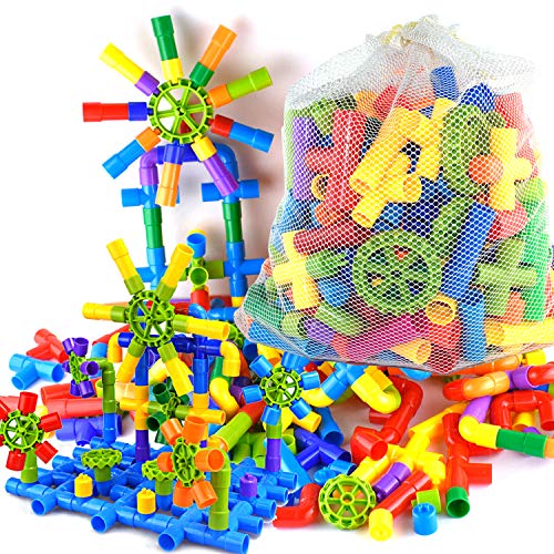 Dr.OX Tube Building Blocks, 242 Pieces Toy Pipe,Tubular Spout Construction Fun Educational Building Construction Toys with Wheels, Parts and Storage Bag for Kids Boys Girls Ages 3+