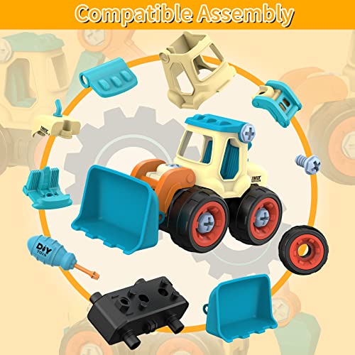 Januts Take-Apart Construction Vehicles Mini Engineering Toy Play Set with 4 Pack, Excavator, Road Roller, Bulldozer, Ground Drilling Rig, DIY Building Educational Toys for Boys Girls (Blue)