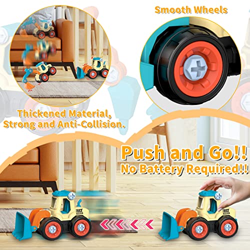 Januts Take-Apart Construction Vehicles Mini Engineering Toy Play Set with 4 Pack, Excavator, Road Roller, Bulldozer, Ground Drilling Rig, DIY Building Educational Toys for Boys Girls (Blue)