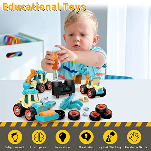 Januts Take-Apart Construction Vehicles Mini Engineering Toy Play Set with 4 Pack, Excavator, Road Roller, Bulldozer, Ground Drilling Rig, DIY Building Educational Toys for Boys Girls (Blue)