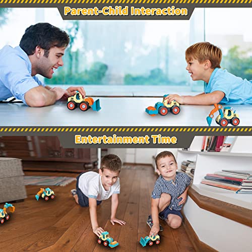 Januts Take-Apart Construction Vehicles Mini Engineering Toy Play Set with 4 Pack, Excavator, Road Roller, Bulldozer, Ground Drilling Rig, DIY Building Educational Toys for Boys Girls (Blue)