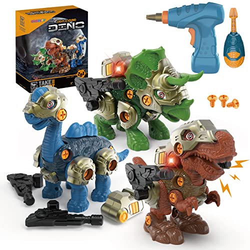 GILOBABY Take Apart Dinosaur Toys for Kids, 3 DIY Dinosaur Toys with LED Lights, Roaring, STEM Construction Building Toy Set with Electric Drill, Educational Toy Gifts for Boys and Girls Aged 3+