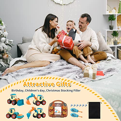 Januts Take-Apart Construction Vehicles Mini Engineering Toy Play Set with 4 Pack, Excavator, Road Roller, Bulldozer, Ground Drilling Rig, DIY Building Educational Toys for Boys Girls (Blue)