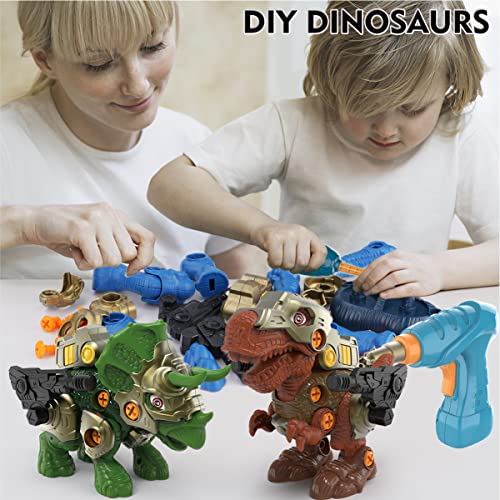 GILOBABY Take Apart Dinosaur Toys for Kids, 3 DIY Dinosaur Toys with LED Lights, Roaring, STEM Construction Building Toy Set with Electric Drill, Educational Toy Gifts for Boys and Girls Aged 3+