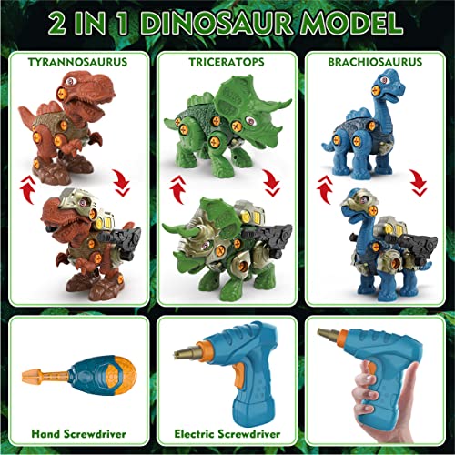 GILOBABY Take Apart Dinosaur Toys for Kids, 3 DIY Dinosaur Toys with LED Lights, Roaring, STEM Construction Building Toy Set with Electric Drill, Educational Toy Gifts for Boys and Girls Aged 3+