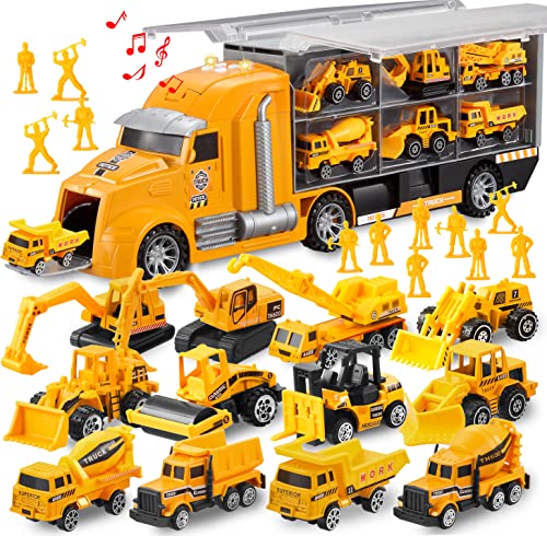 JOYIN 25 in 1 Die-cast Construction Truck Vehicle Toy Set (Including Transporter Excavator Digger Dumper Tractor) with Sounds and Lights in Carrier Truck, Kids Birthday Gifts for Boys Age 3+