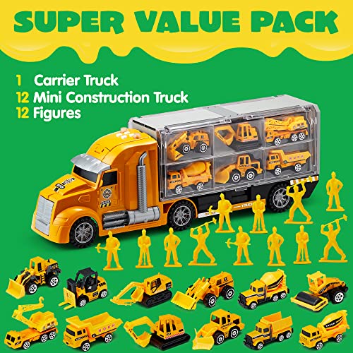 JOYIN 25 in 1 Die-cast Construction Truck Vehicle Toy Set (Including Transporter Excavator Digger Dumper Tractor) with Sounds and Lights in Carrier Truck, Kids Birthday Gifts for Boys Age 3+