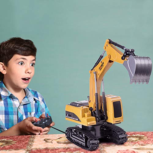 Highttoy Remote Control Excavator Digger RC Construction Toys for Kids Toy Digger Tractor for Boys Girls 1:24 Scale 6 Channel Diecast Remote Control Digger Excavator Toy with Led & Sound