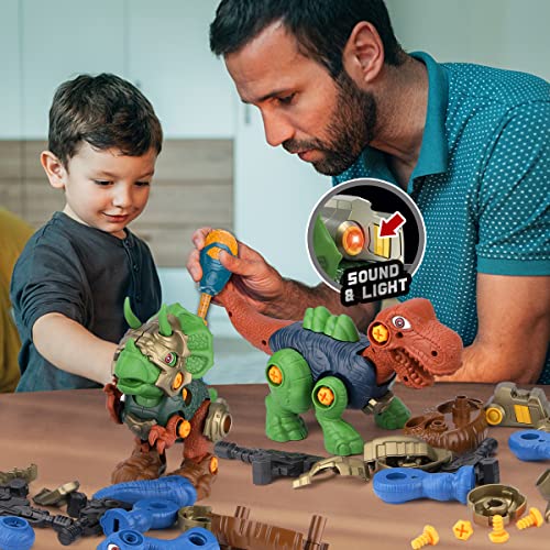GILOBABY Take Apart Dinosaur Toys for Kids, 3 DIY Dinosaur Toys with LED Lights, Roaring, STEM Construction Building Toy Set with Electric Drill, Educational Toy Gifts for Boys and Girls Aged 3+