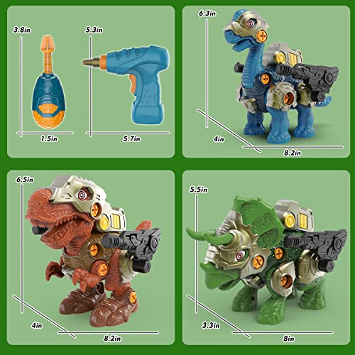 GILOBABY Take Apart Dinosaur Toys for Kids, 3 DIY Dinosaur Toys with LED Lights, Roaring, STEM Construction Building Toy Set with Electric Drill, Educational Toy Gifts for Boys and Girls Aged 3+