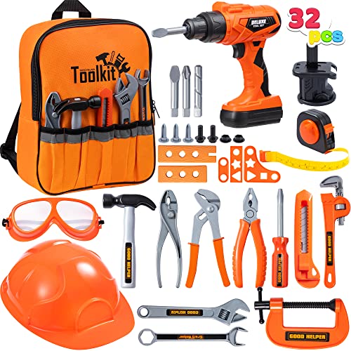JOYIN 32 PCS Kids Construction Tool Toy Set Backpack of Tool Toys with Electric Power Drill Toy, Construction Helmet, Construction Tool Accessories for Cosntruction Pretend Play
