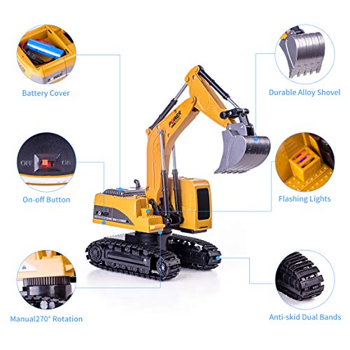 Highttoy Remote Control Excavator Digger RC Construction Toys for Kids Toy Digger Tractor for Boys Girls 1:24 Scale 6 Channel Diecast Remote Control Digger Excavator Toy with Led & Sound