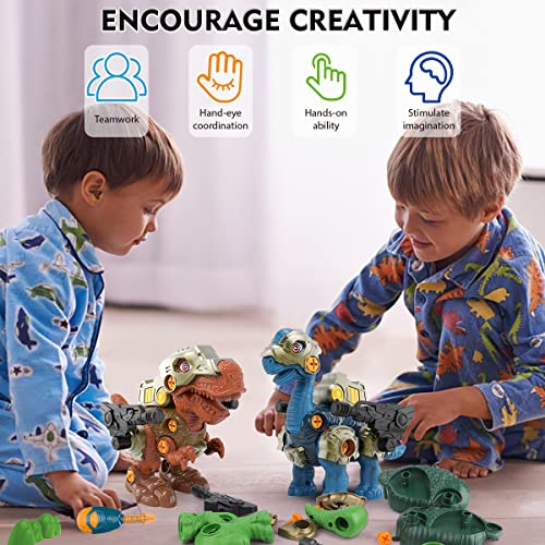 GILOBABY Take Apart Dinosaur Toys for Kids, 3 DIY Dinosaur Toys with LED Lights, Roaring, STEM Construction Building Toy Set with Electric Drill, Educational Toy Gifts for Boys and Girls Aged 3+