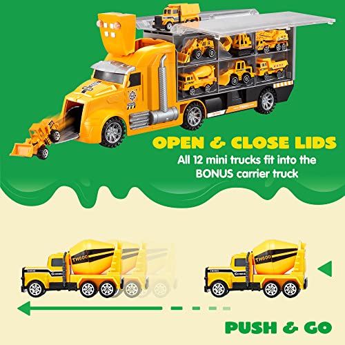 JOYIN 25 in 1 Die-cast Construction Truck Vehicle Toy Set (Including Transporter Excavator Digger Dumper Tractor) with Sounds and Lights in Carrier Truck, Kids Birthday Gifts for Boys Age 3+