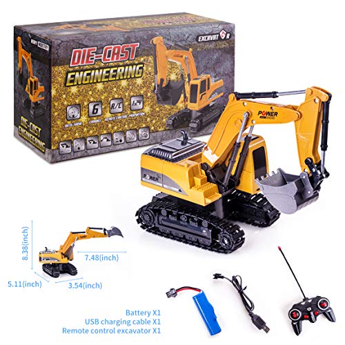 Highttoy Remote Control Excavator Digger RC Construction Toys for Kids Toy Digger Tractor for Boys Girls 1:24 Scale 6 Channel Diecast Remote Control Digger Excavator Toy with Led & Sound