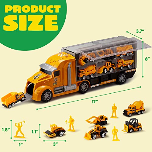 JOYIN 25 in 1 Die-cast Construction Truck Vehicle Toy Set (Including Transporter Excavator Digger Dumper Tractor) with Sounds and Lights in Carrier Truck, Kids Birthday Gifts for Boys Age 3+