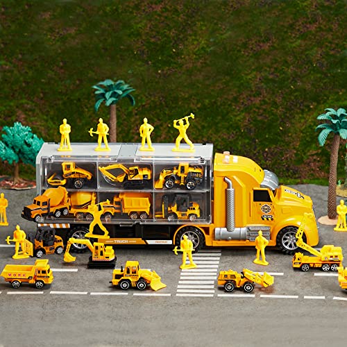 JOYIN 25 in 1 Die-cast Construction Truck Vehicle Toy Set (Including Transporter Excavator Digger Dumper Tractor) with Sounds and Lights in Carrier Truck, Kids Birthday Gifts for Boys Age 3+