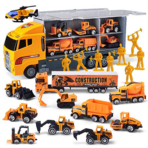 JOYIN 11 Mini Construction Truck in 1 Diecast Construction Toy Cars, Play Vehicles Set with 8 Engineering figure toys, Kids Birthday Gifts for Boys Age 3+