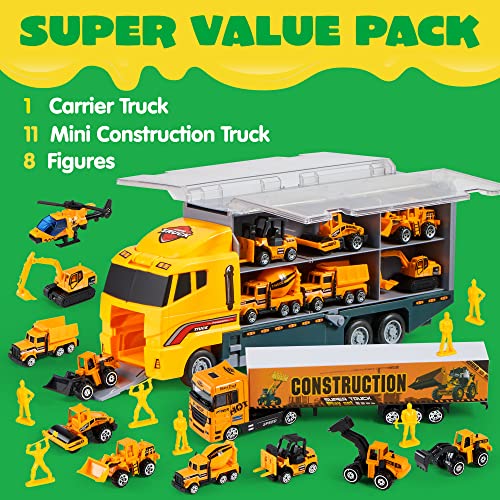 JOYIN 11 Mini Construction Truck in 1 Diecast Construction Toy Cars, Play Vehicles Set with 8 Engineering figure toys, Kids Birthday Gifts for Boys Age 3+