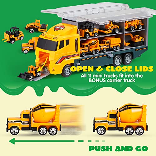 JOYIN 11 Mini Construction Truck in 1 Diecast Construction Toy Cars, Play Vehicles Set with 8 Engineering figure toys, Kids Birthday Gifts for Boys Age 3+
