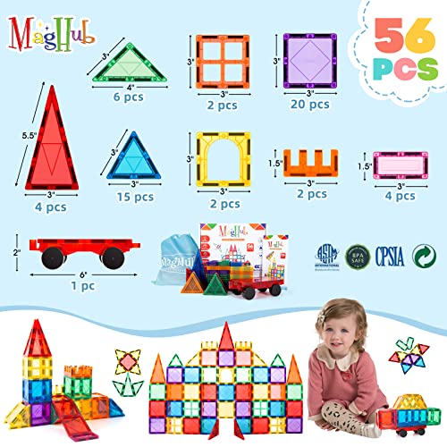 MagHub Magnetic Building Blocks 56PCS Kids Magnetic Tiles, Clear 3D Magnets for Kids Magnet Tiles Preschool Magnetic Toys, Building Construction STEM Educational Toys for 3+ Years Old Boys and Girls