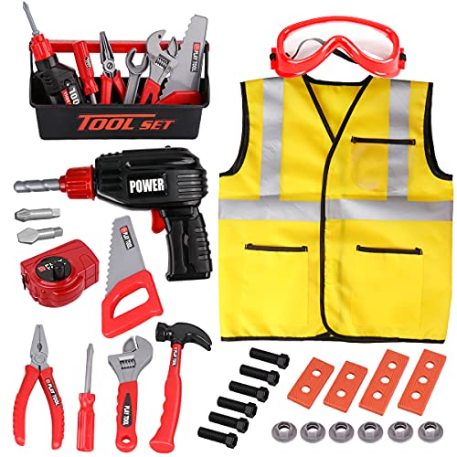 LOYO Kids Tool Set - 32Pcs Construction Tool Toys with Play Electric Drill and Carry Case Tool Box Pretend Play Toys for 3 4 5 6 7 Years Old Toddlers Boys