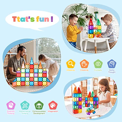 MagHub Magnetic Building Blocks 56PCS Kids Magnetic Tiles, Clear 3D Magnets for Kids Magnet Tiles Preschool Magnetic Toys, Building Construction STEM Educational Toys for 3+ Years Old Boys and Girls