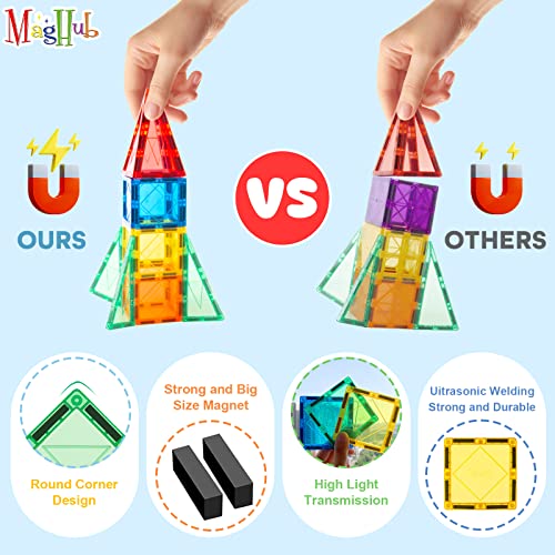 MagHub Magnetic Building Blocks 56PCS Kids Magnetic Tiles, Clear 3D Magnets for Kids Magnet Tiles Preschool Magnetic Toys, Building Construction STEM Educational Toys for 3+ Years Old Boys and Girls