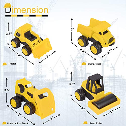 Playkidz Set of 4 Heavy Toy Construction Trucks - Dump Truck, Road Roller, Bulldozer and Tractor, for Age 3 On Up