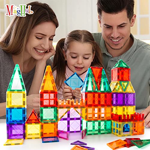 MagHub Magnetic Building Blocks 56PCS Kids Magnetic Tiles, Clear 3D Magnets for Kids Magnet Tiles Preschool Magnetic Toys, Building Construction STEM Educational Toys for 3+ Years Old Boys and Girls