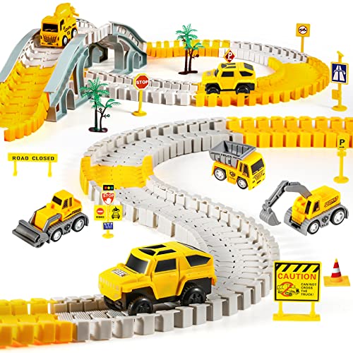 kizplays 260pcs Construction Race Tracks for Kids Toys, 6pcs Construction Car and Flexible Track Set Create Engineering Gifts for 3 4 5 6 Year Old Boys Girls
