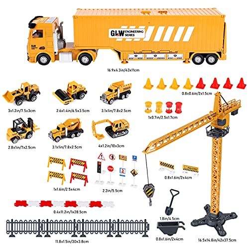 Construction Truck Car Toys Set Alloy Engineering Vehicle Toy with Digger, Bulldozer, Steamroller, Dump, Cement Mixer, Forklift, Excavator, Tower Crane Toy Large Truck Gift for Kids Boys 3 4 5 6 7 8