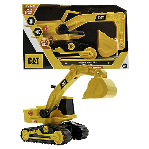 CatToysOfficial Construction Power Hauller EXCAVATOR, Includes flashing lights, hydraulic sounds, movable arm and scoop, 27cm long, for ages 3+, Yellow