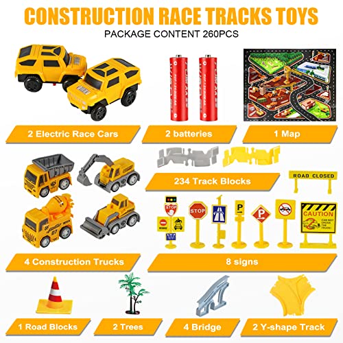 kizplays 260pcs Construction Race Tracks for Kids Toys, 6pcs Construction Car and Flexible Track Set Create Engineering Gifts for 3 4 5 6 Year Old Boys Girls